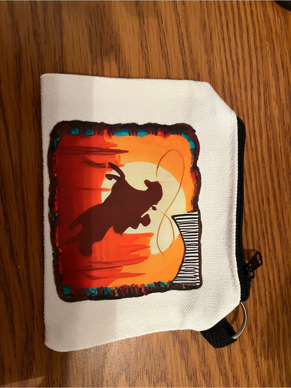 Canvas Coin Purse with Western Bull Rider Sunset Print - White